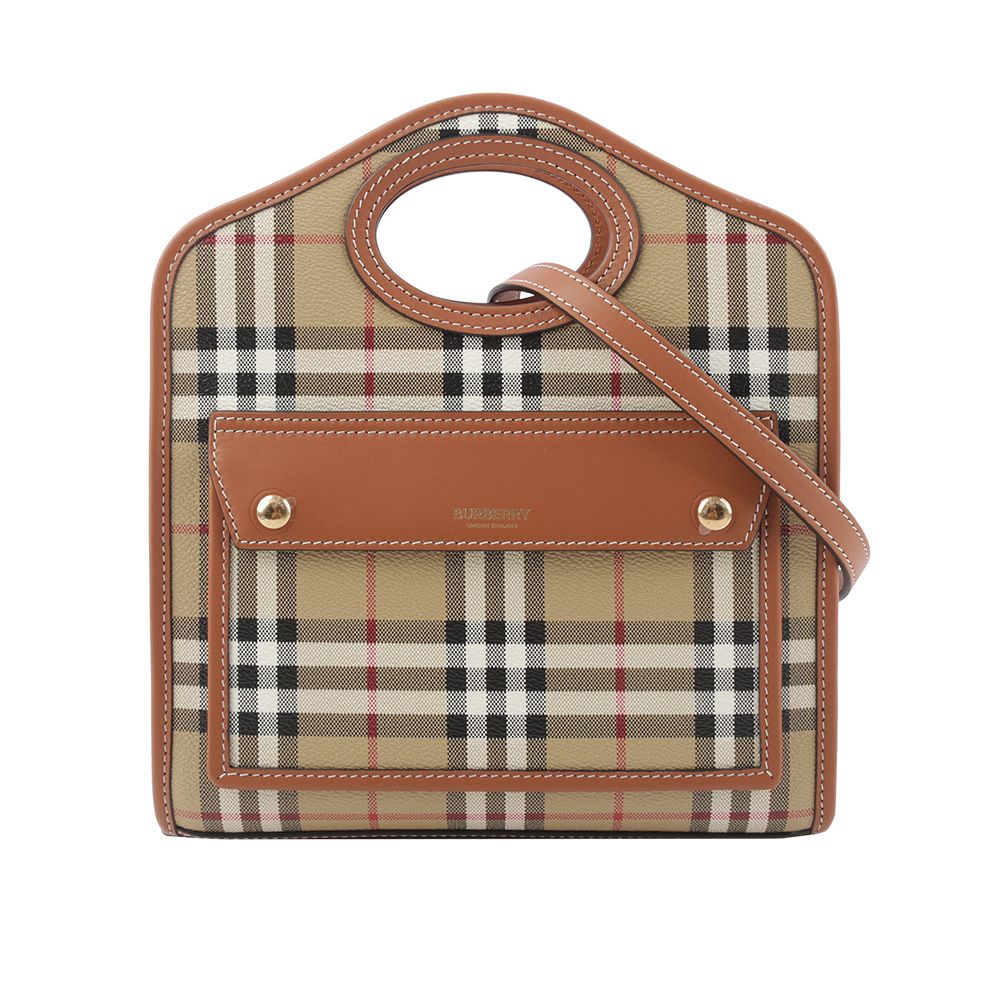【BURBERRY】格紋拼皮革手提/斜背口袋包(Mini)(石楠木棕色)/ 平行輸入