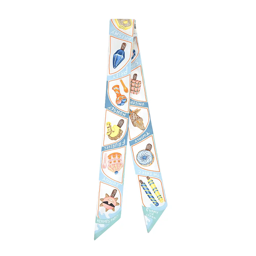 Hermes 愛馬仕 Funny Ice Cream Twilly絲巾(水青/橘/黃)/ 平行輸入