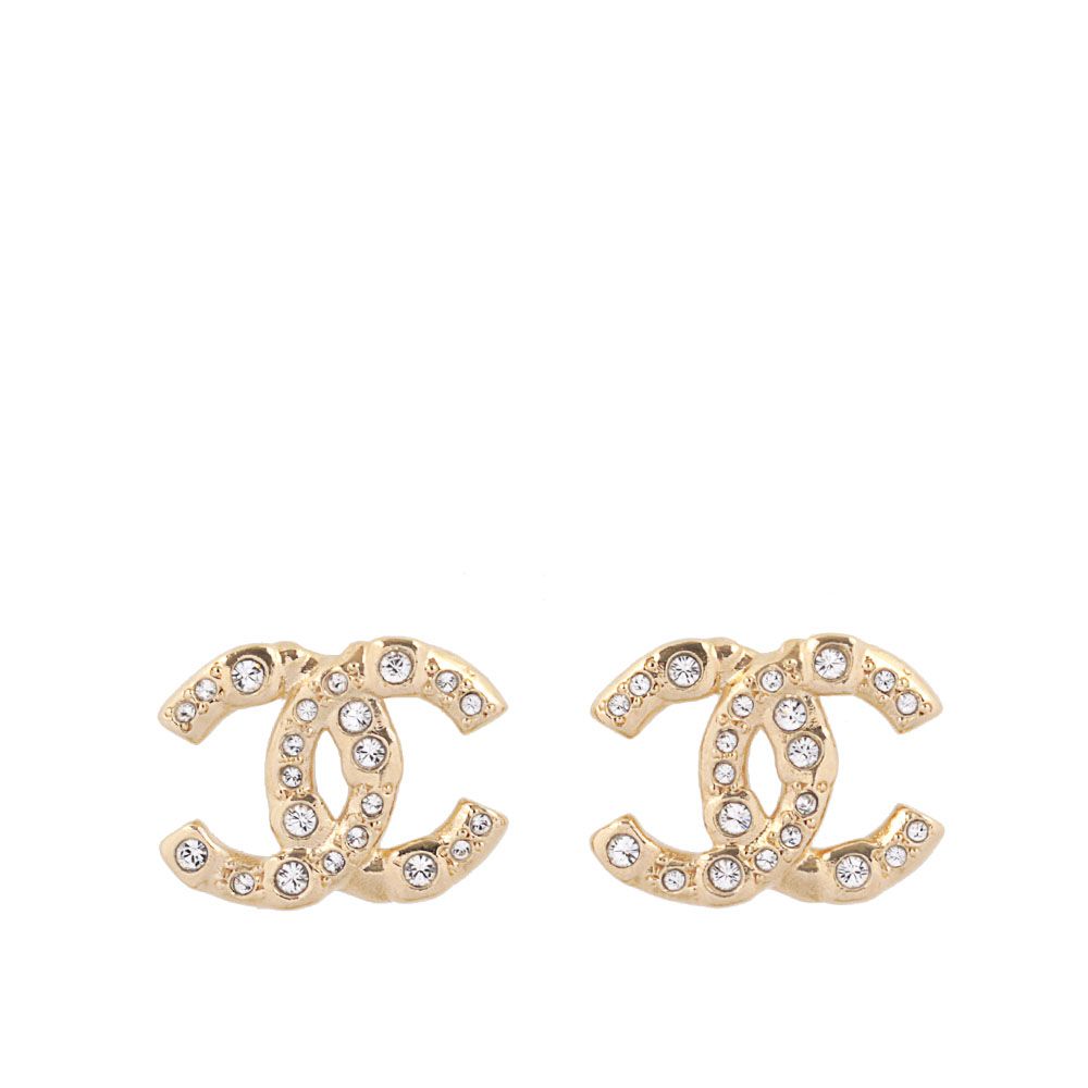 【CHANEL】CC Logo 大小水鑽鑲飾針式耳環(金色)/ 平行輸入