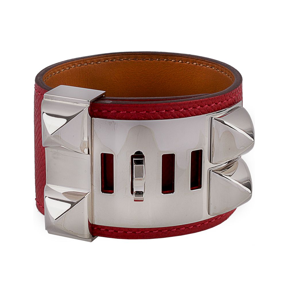 【HERMES】EPSOM皮 鉚釘銀釦CDC手環_展示品(S)(紅色)/ 平行輸入