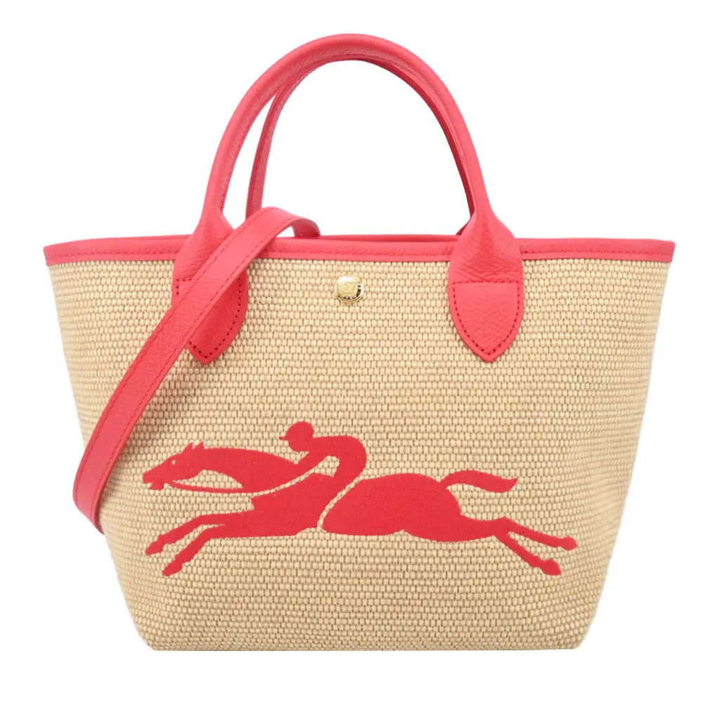LONGCHAMP LE PANIER PLIAGE系列編織奔馬兩用包(小/草莓紅)/平行輸入