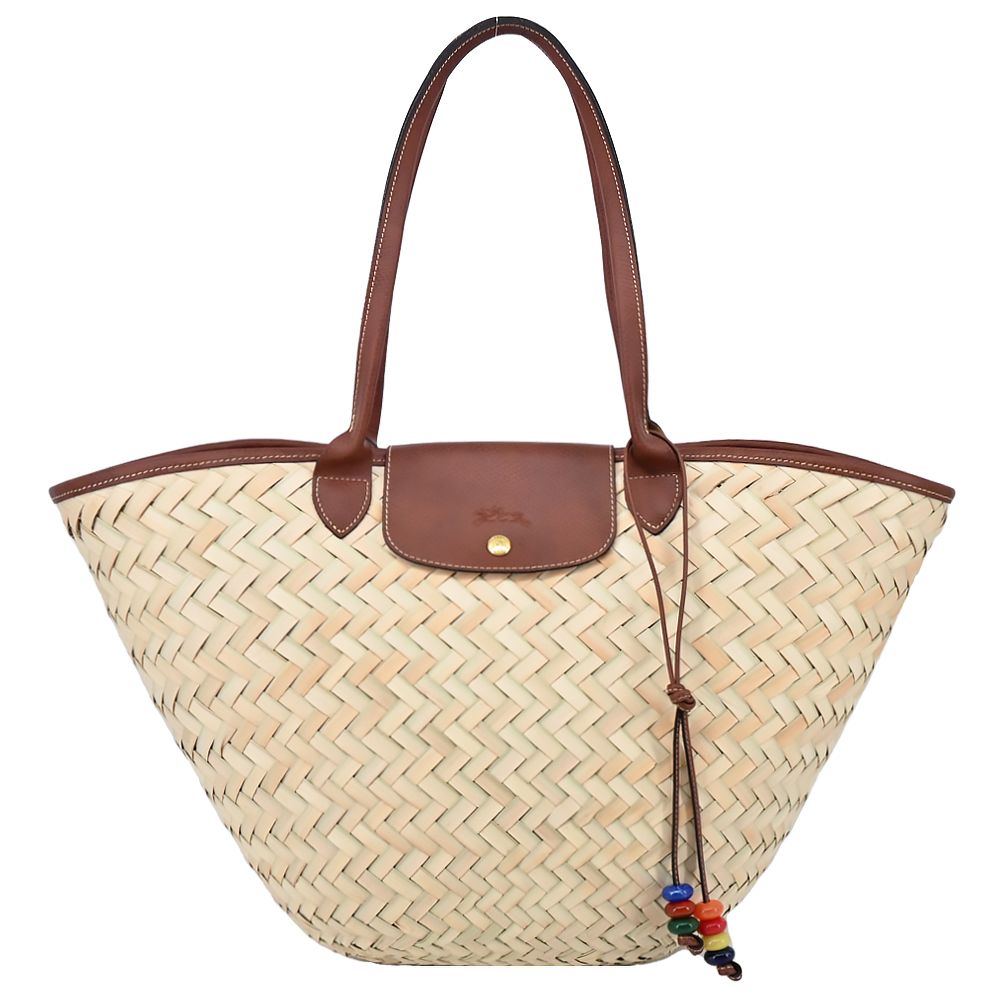 LONGCHAMP LE PANIER PLIAGE系列棕櫚編織提籃肩背包(特大/棕)/平行輸入