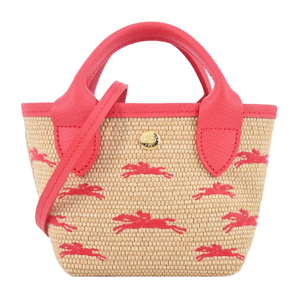 LONGCHAMP LE PANIER PLIAGE系列編織奔馬兩用包(迷你/草莓紅)/平行輸入
