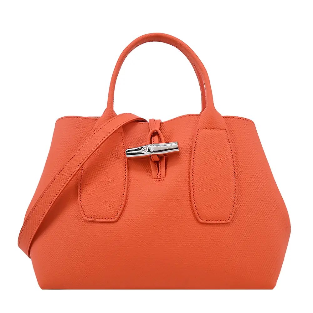 LONGCHAMP ROSEAU系列竹節卵石紋牛皮手提/斜背兩用包(中/柳橙)/平行輸入
