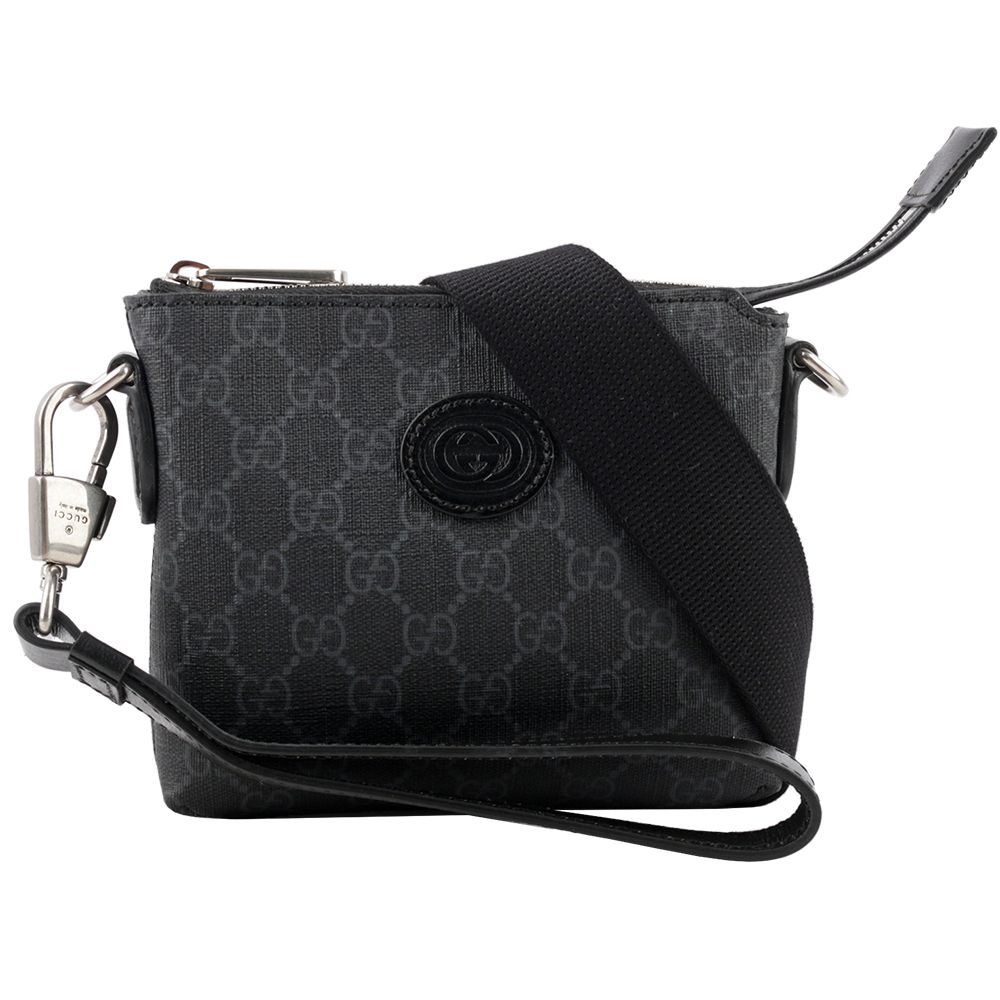 【GUCCI】Interlocking G 標誌附手提把迷你郵差包(黑灰色)/ 平行輸入