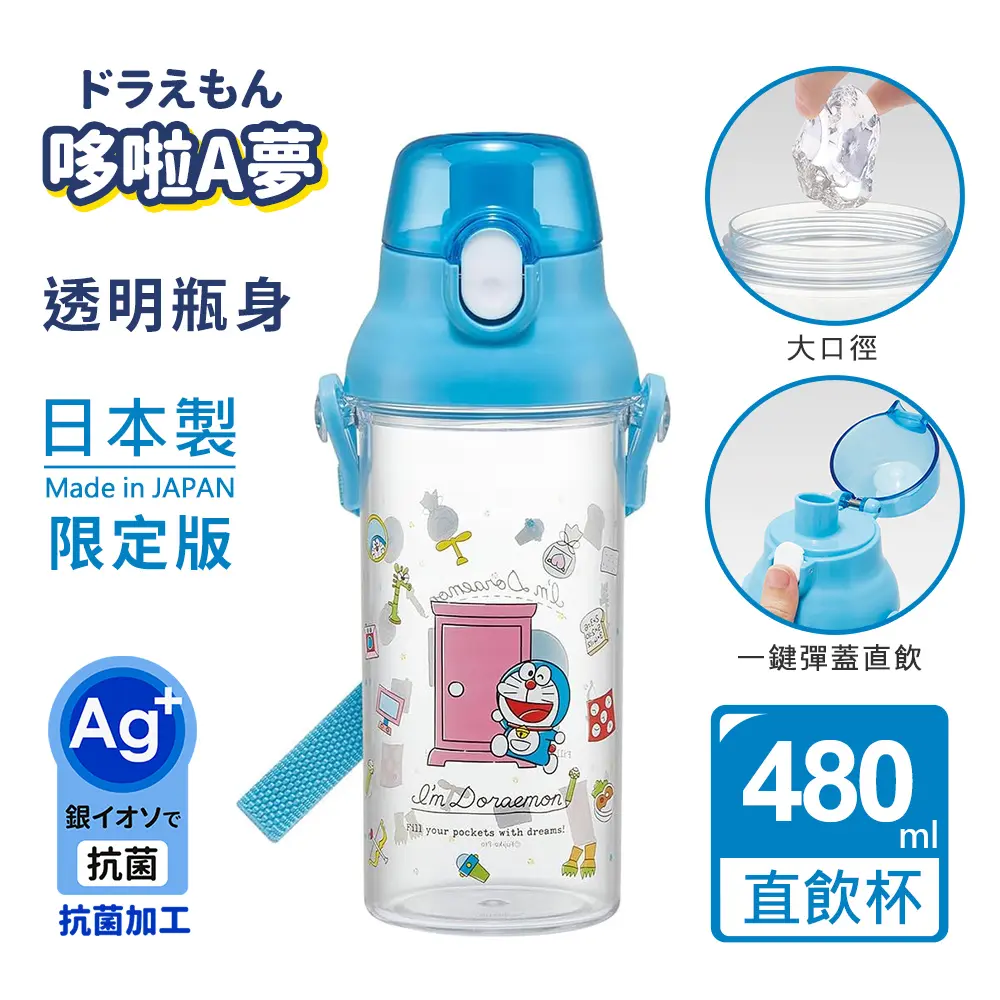 【百科良品】日本製 哆啦A夢 魔法任意門 透明瓶身 彈蓋直飲水壺 隨身瓶 抗菌加工 480ML(附背帶)