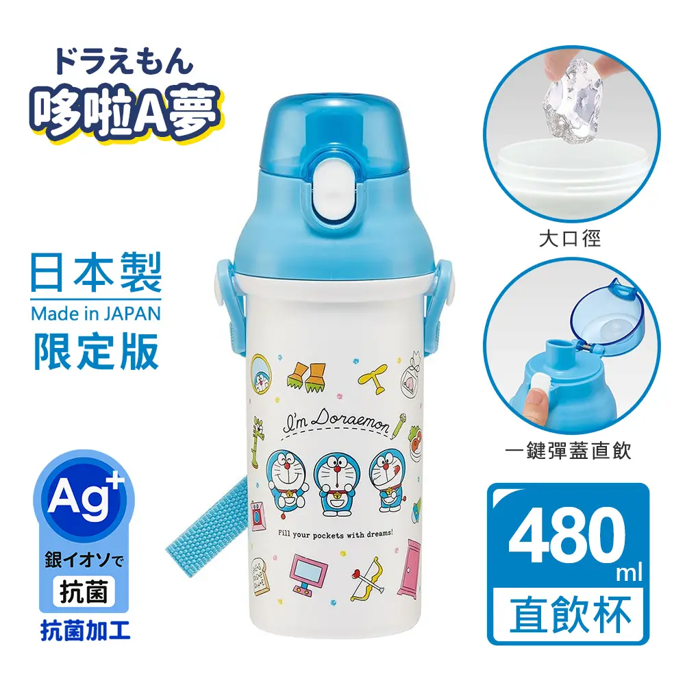 【百科良品】日本製 哆啦A夢 夢幻道具大集合 彈蓋直飲水壺 隨身瓶 抗菌加工 480ML(附背帶)-白