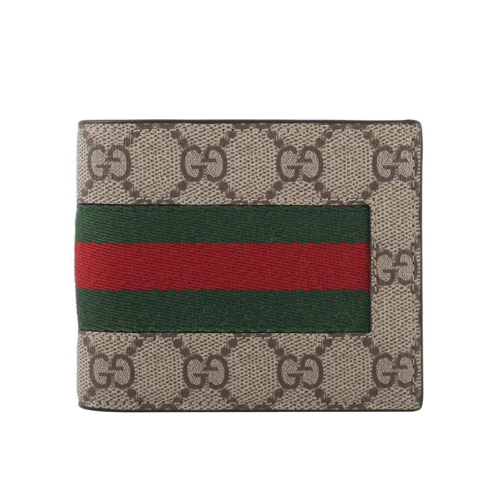 【GUCCI】Ophidia GG 塗層帆布綠紅對開8卡短夾(米色/烏木色)/ 平行輸入