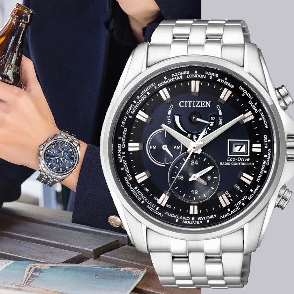 CITIZEN 星辰 光動能電波三眼計時手錶-藍/44mm AT9031-52L