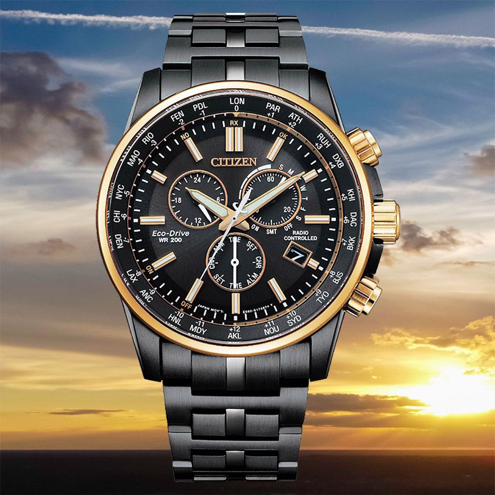 CITIZEN 星辰 亞洲限定光動能電波三眼計時手錶 CB5888-87E