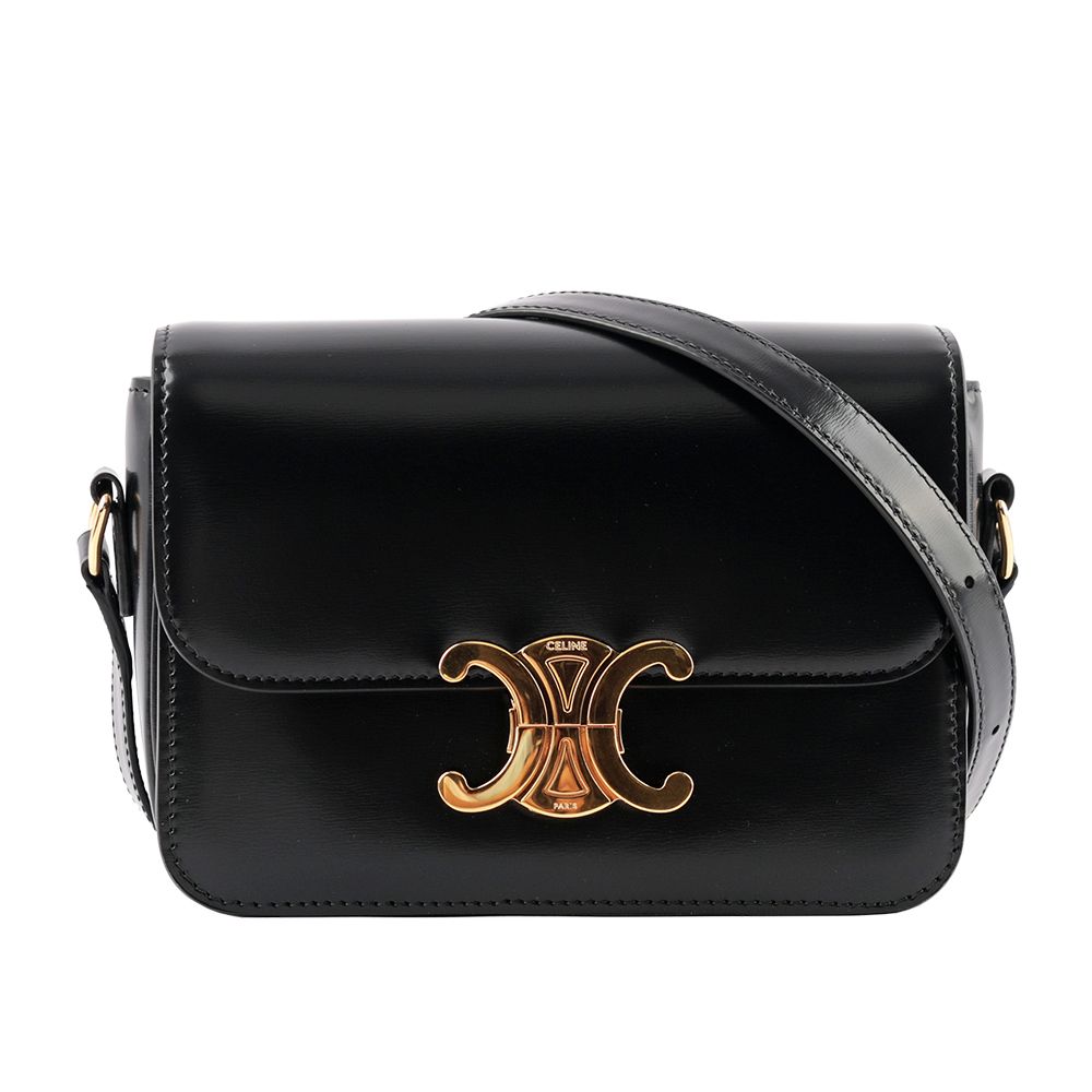 【CELINE】TRIOMPHE凱旋滑面小牛皮小型斜背包(黑色)/平行輸入