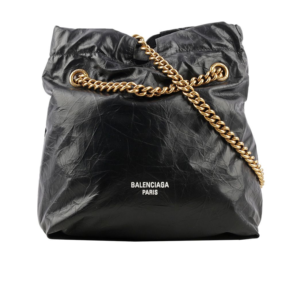 【BALENCIAGA】CRUSH 金鍊小牛皮小款肩背/斜背托特包(黑色)/ 平行輸入