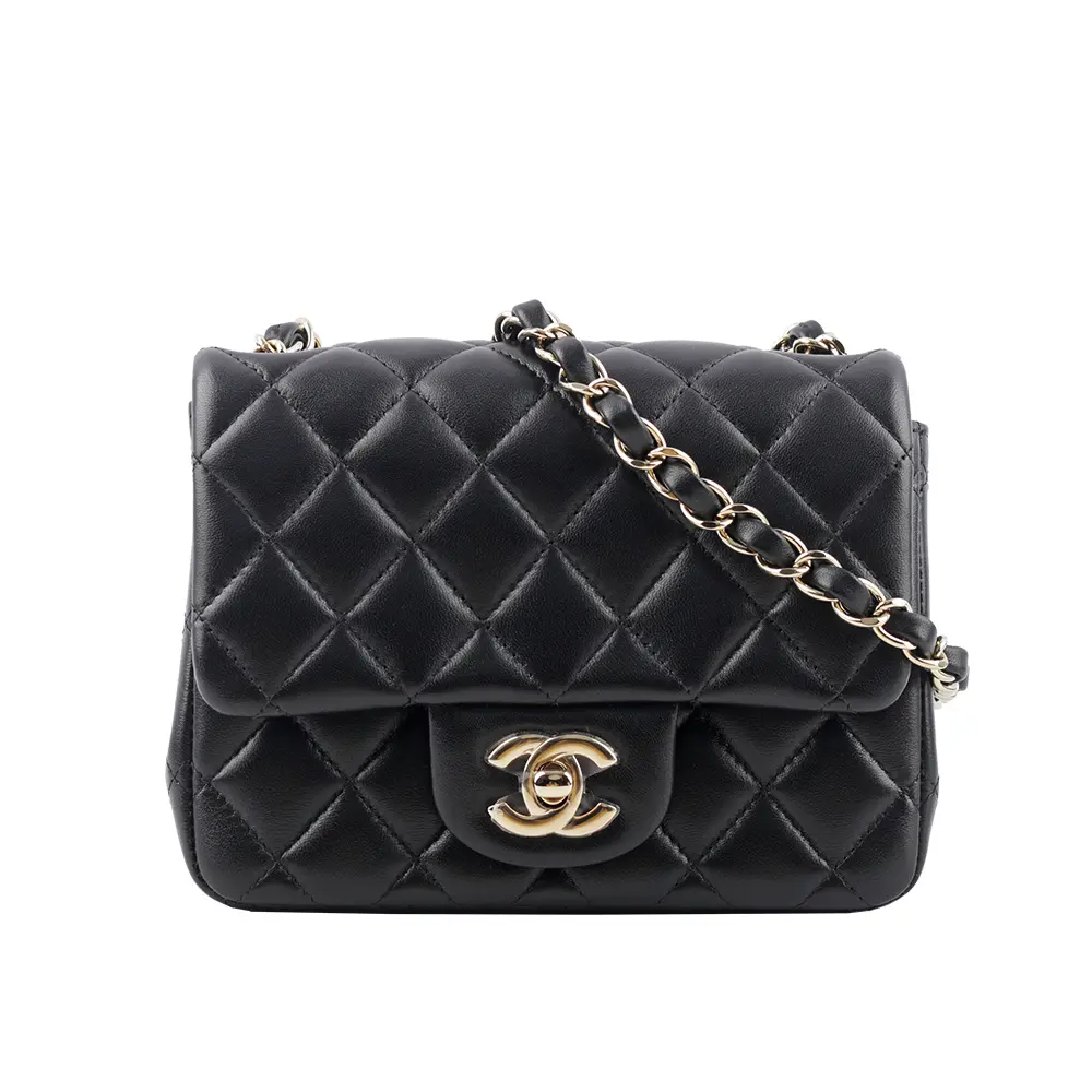【CHANEL 香奈兒】金色CC Logo 菱格紋小羊皮迷你口蓋包/方胖包(黑色)/ 平行輸入