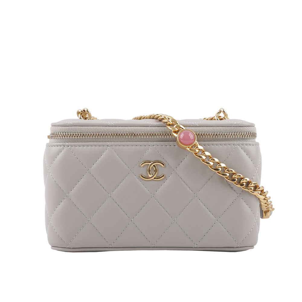 【CHANEL】霧金釦菱格紋小羊皮寶石鍊帶小方盒_展示品(灰色)/ 平行輸入