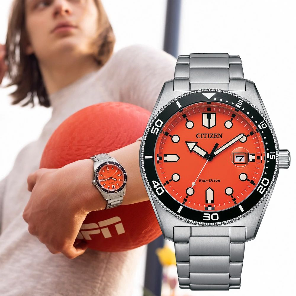 CITIZEN 星辰 光動能潮流大三針手錶-橘 AW1760-81X