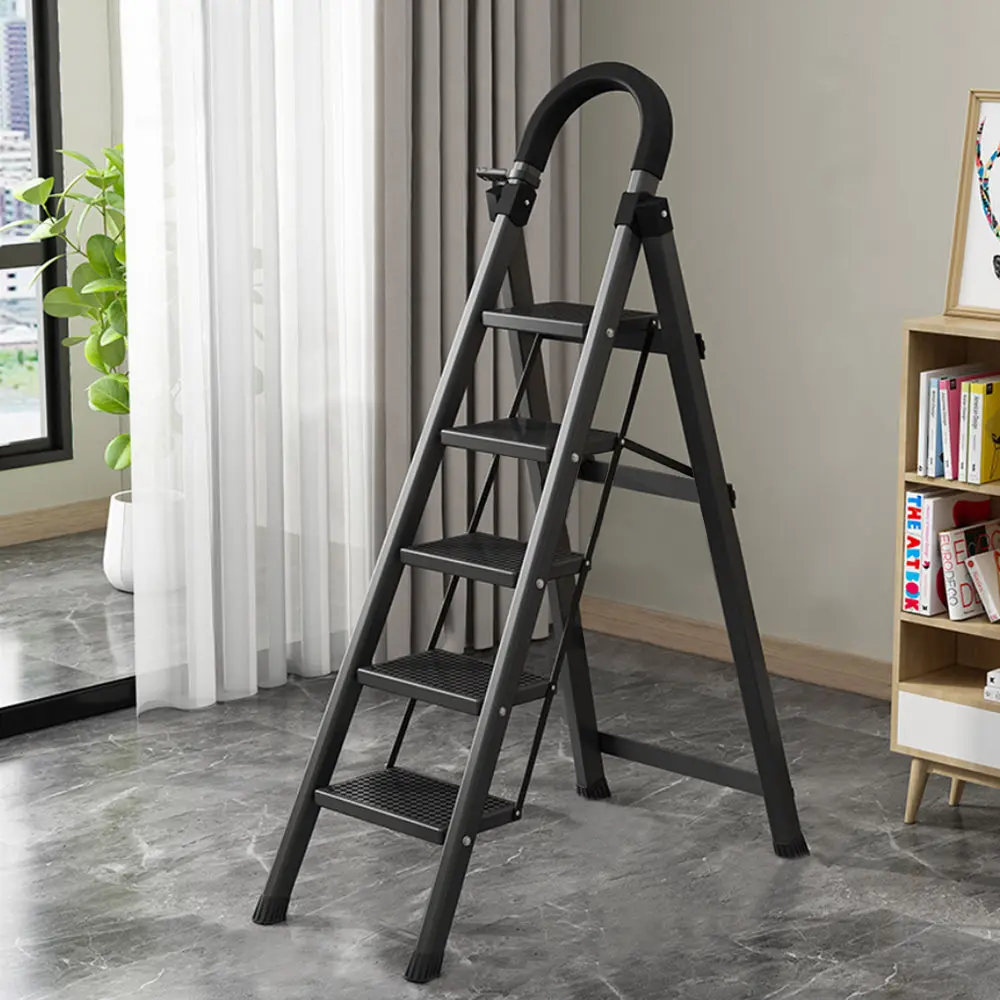 【AOTTO】免組裝安全扶手五步碳鋼折疊梯-黑色
