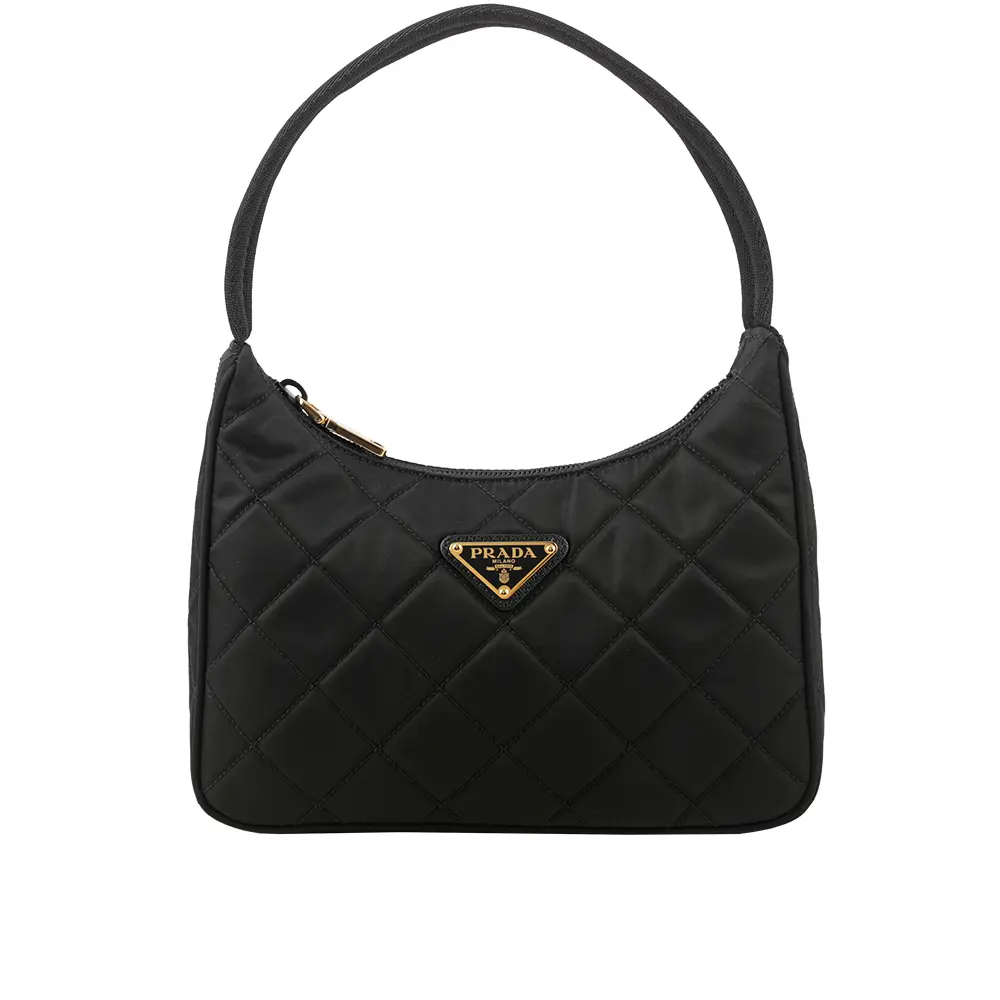 【PRADA 普拉達】金色三角牌Logo 菱格紋尼龍迷你手提包(黑色)/ 平行輸入