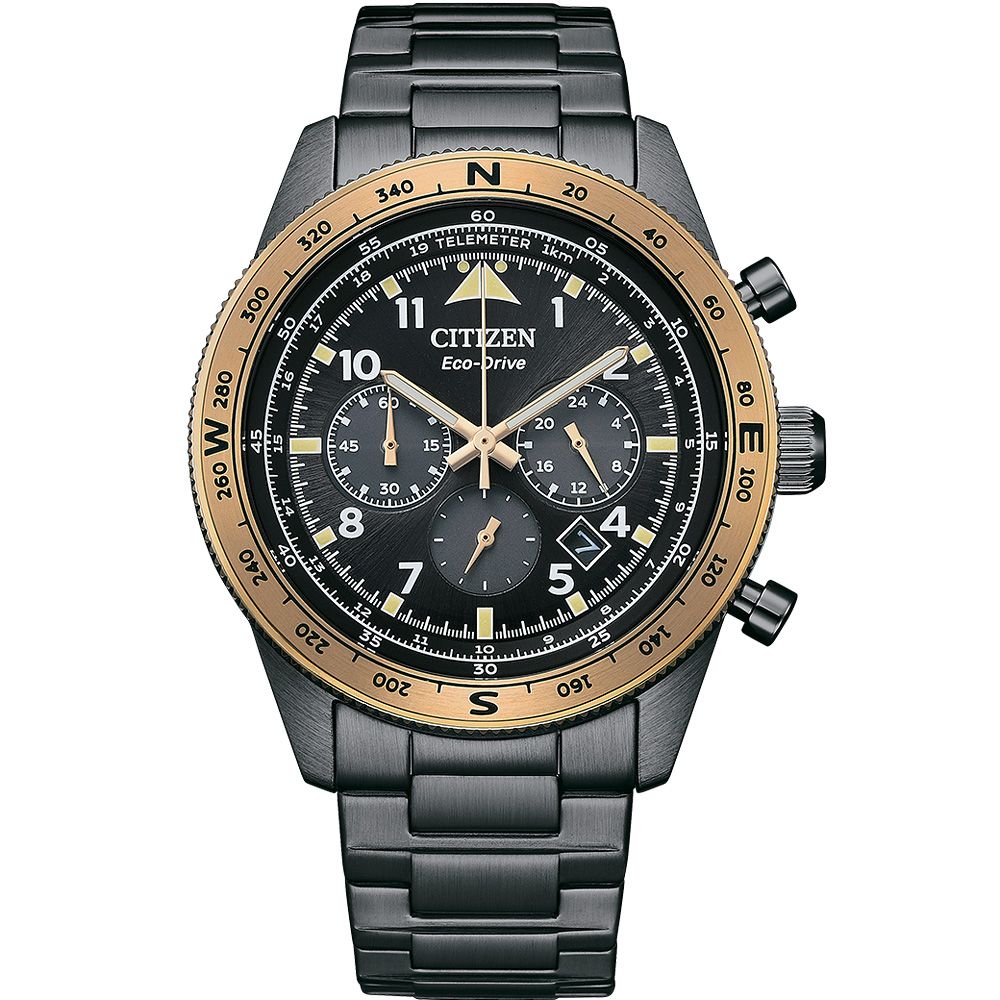CITIZEN 星辰 光動能航空三眼計時手錶-黑X香檳金 CA4556-89E