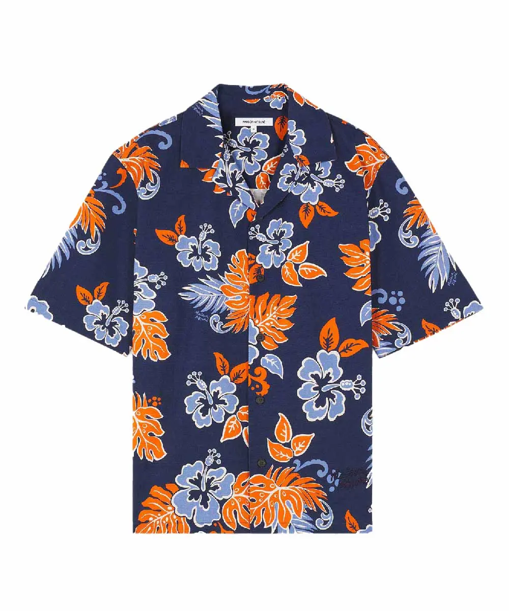 MAISON KITSUNÉ 海軍藍熱帶花卉印花古巴領短袖襯衫/中性/ S