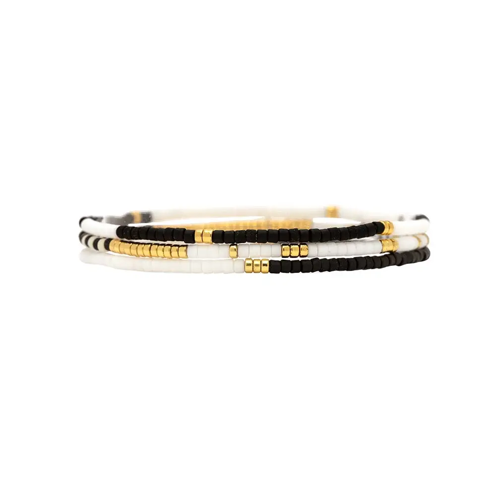 Pura Vida 美國手工 MONOCHROME 黑白串珠 金色伸縮手鍊三件組