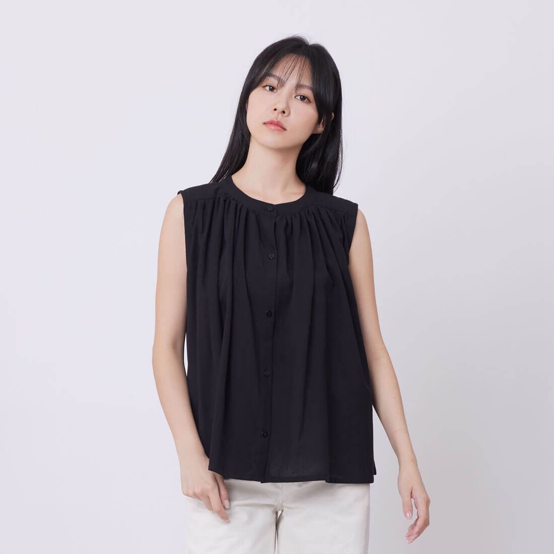 好我 so that's me Connie棉麻無袖細褶襯衫上衣/ 優雅黑 FREE SIZE