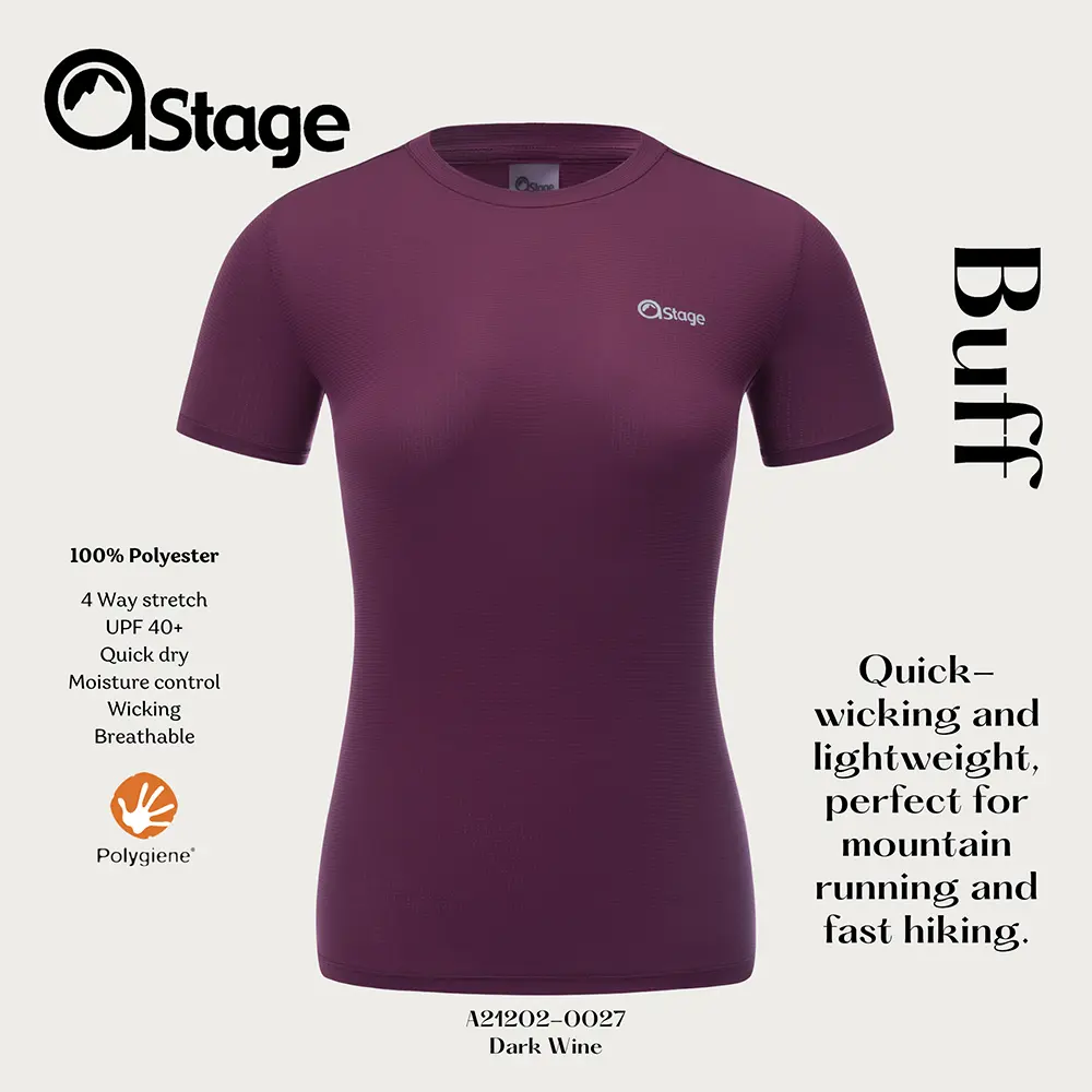【AStage】Buff T-Shirt 透氣快乾短袖排汗衣 女 葡萄酒紫 (A21202-0027)｜銀離子機能運動上衣/ 葡萄酒紫 XL