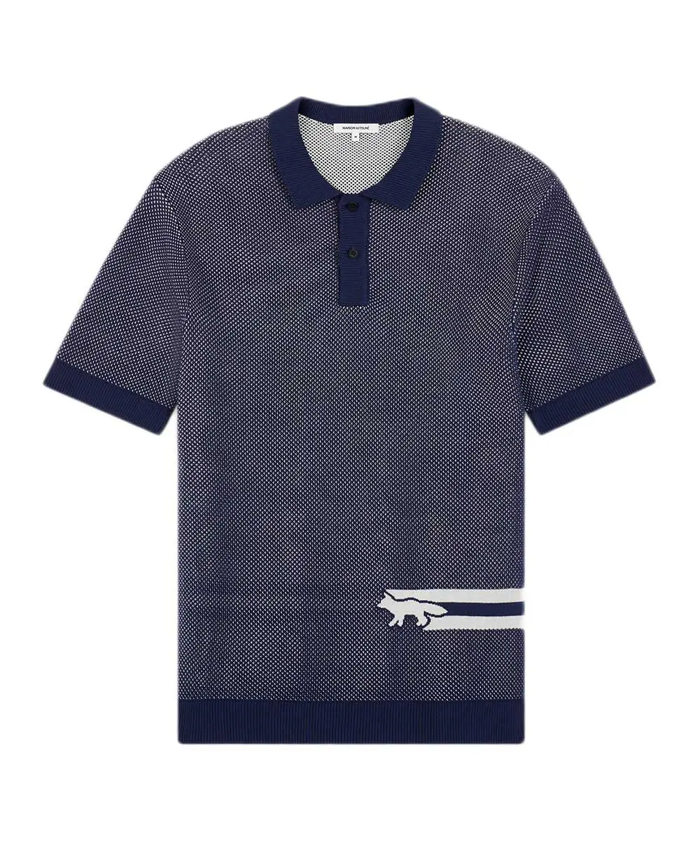 MAISON KITSUNÉ 海軍藍疾行狐狸網格針織POLO衫/中性/ M