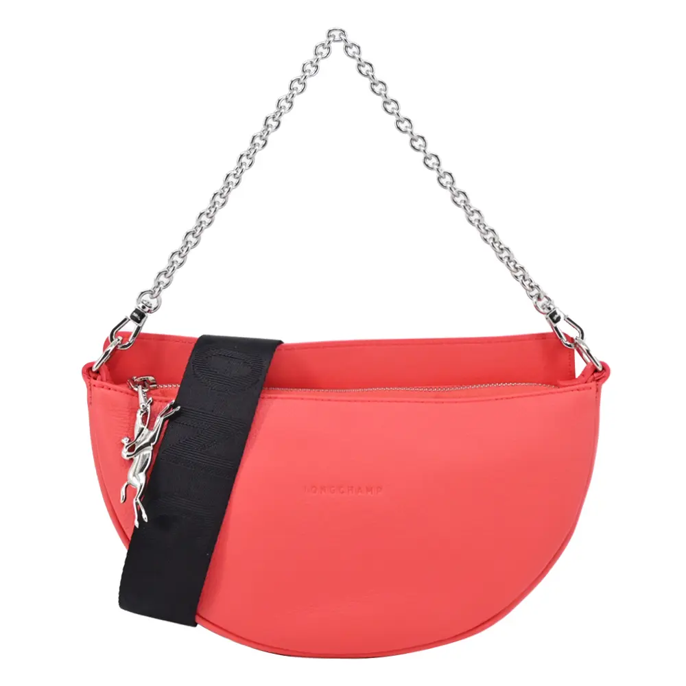 LONGCHAMP SMILE系列牛皮圓弧肩背/斜背兩用包(小/草莓紅)/平行輸入