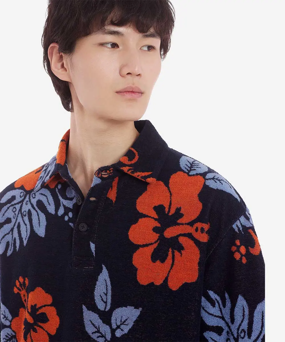 MAISON KITSUNÉ 海軍藍熱帶印花毛巾布POLO衫/中性/ M