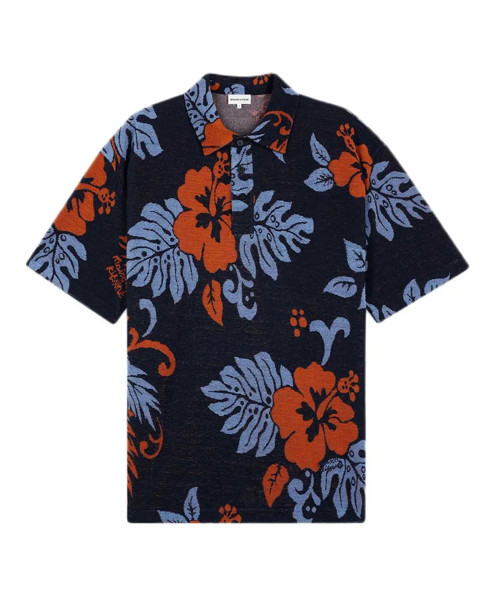 MAISON KITSUNÉ 海軍藍熱帶印花毛巾布POLO衫/中性/ S