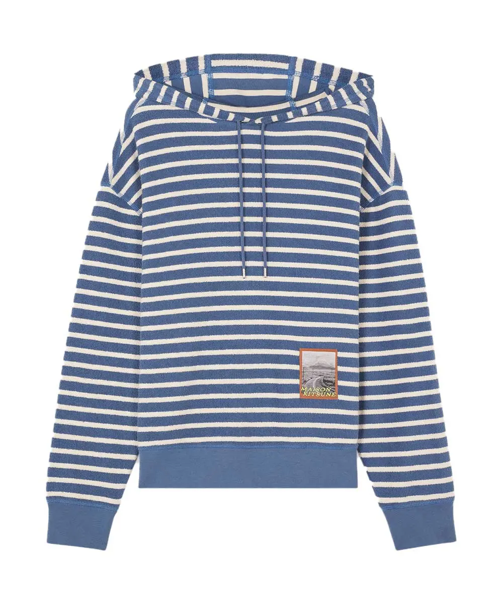 MAISON KITSUNÉ 藍白橫條紋寬鬆連帽抽繩衛衣/中性/ XL