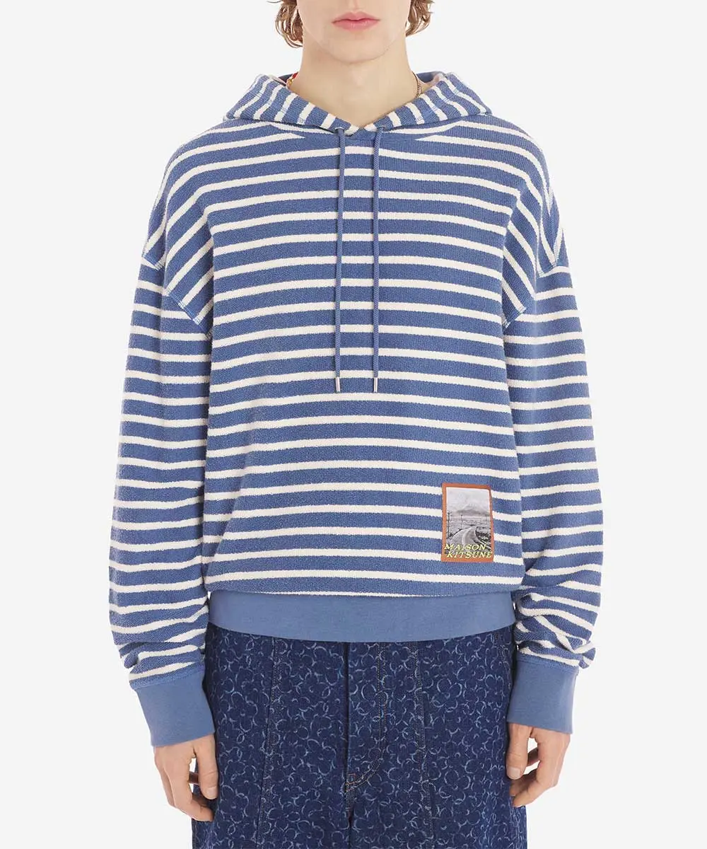 MAISON KITSUNÉ 藍白橫條紋寬鬆連帽抽繩衛衣/中性/ M