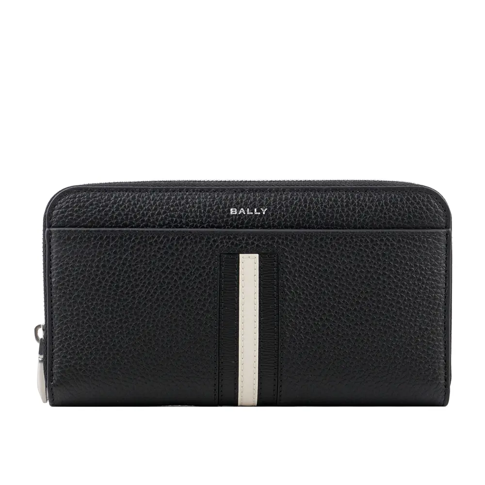【BALLY】Ribbon 黑白條紋牛皮ㄇ形拉鍊長夾(黑色)/ 平行輸入