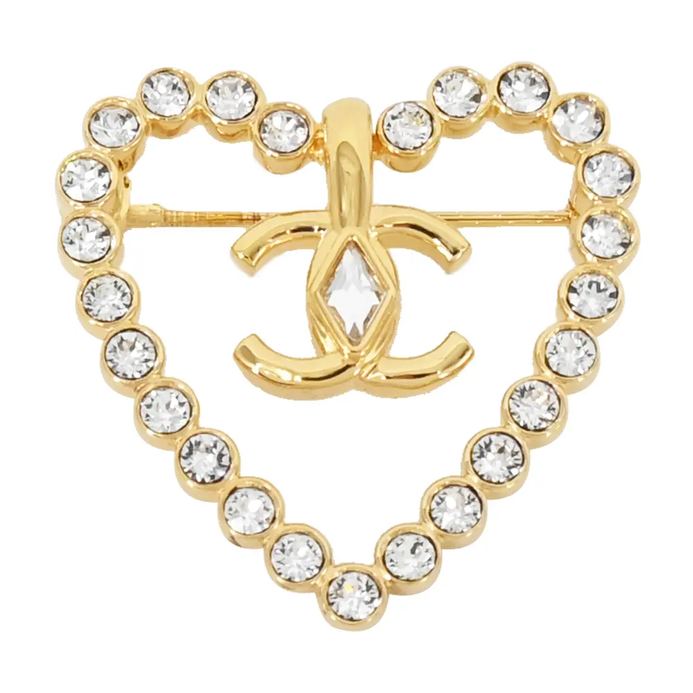 CHANEL 經典雙C LOGO水鑽飾邊愛心造型胸針(金色)/平行輸入