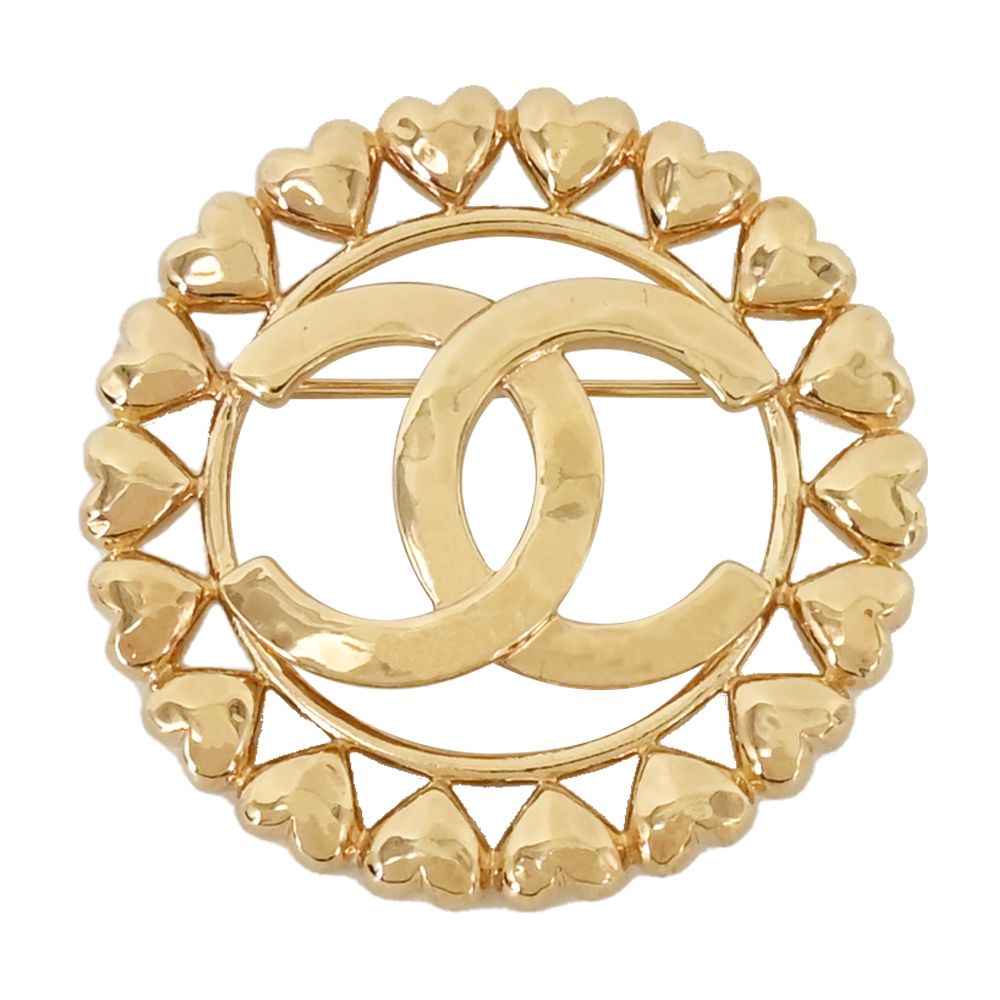 CHANEL 經典一圈愛心造型雙C LOGO圓形胸針(淡金)/平行輸入