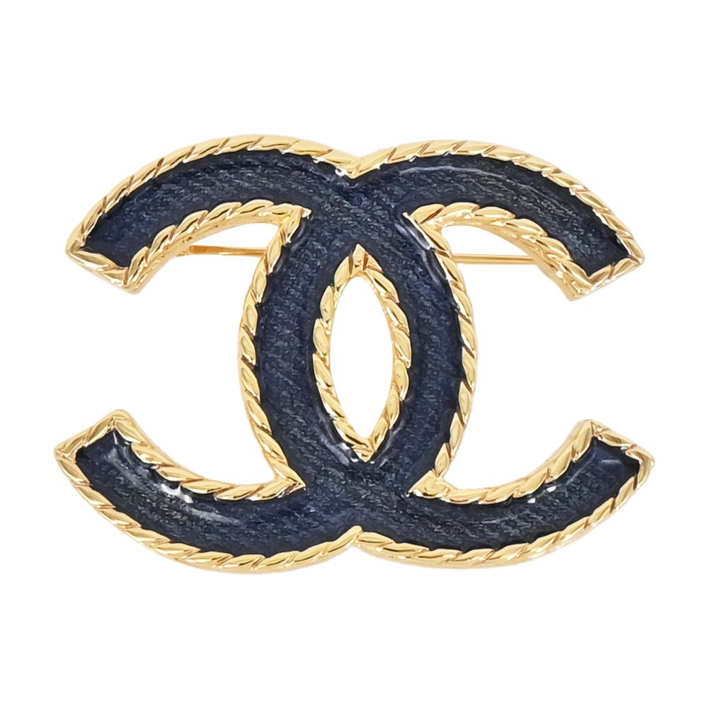 CHANEL 經典藍色琺瑯雙C LOGO滾邊造型胸針(金色)/平行輸入
