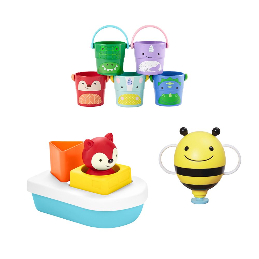 美國 SKIP HOP ZOO布魯克林蜂噴泉器+ZOO弗格森狐狸漂浮小船+ZOO小動物疊倒水桶/ 活力組