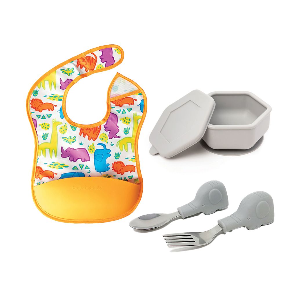 美國 tiny twinkle 學習用餐基礎組/ 矽膠碗(銀河灰)+餐具組(銀河象)/ 輕量圍兜(動物狂歡)