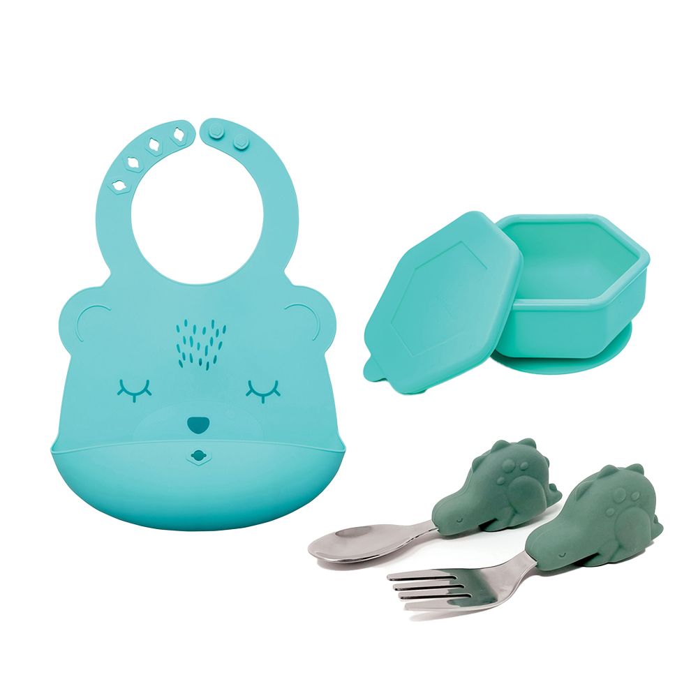 美國 tiny twinkle 學習用餐基礎組/ 矽膠碗(薄荷綠)+餐具組(小恐龍)/ 矽膠圍兜(湖水綠小熊)