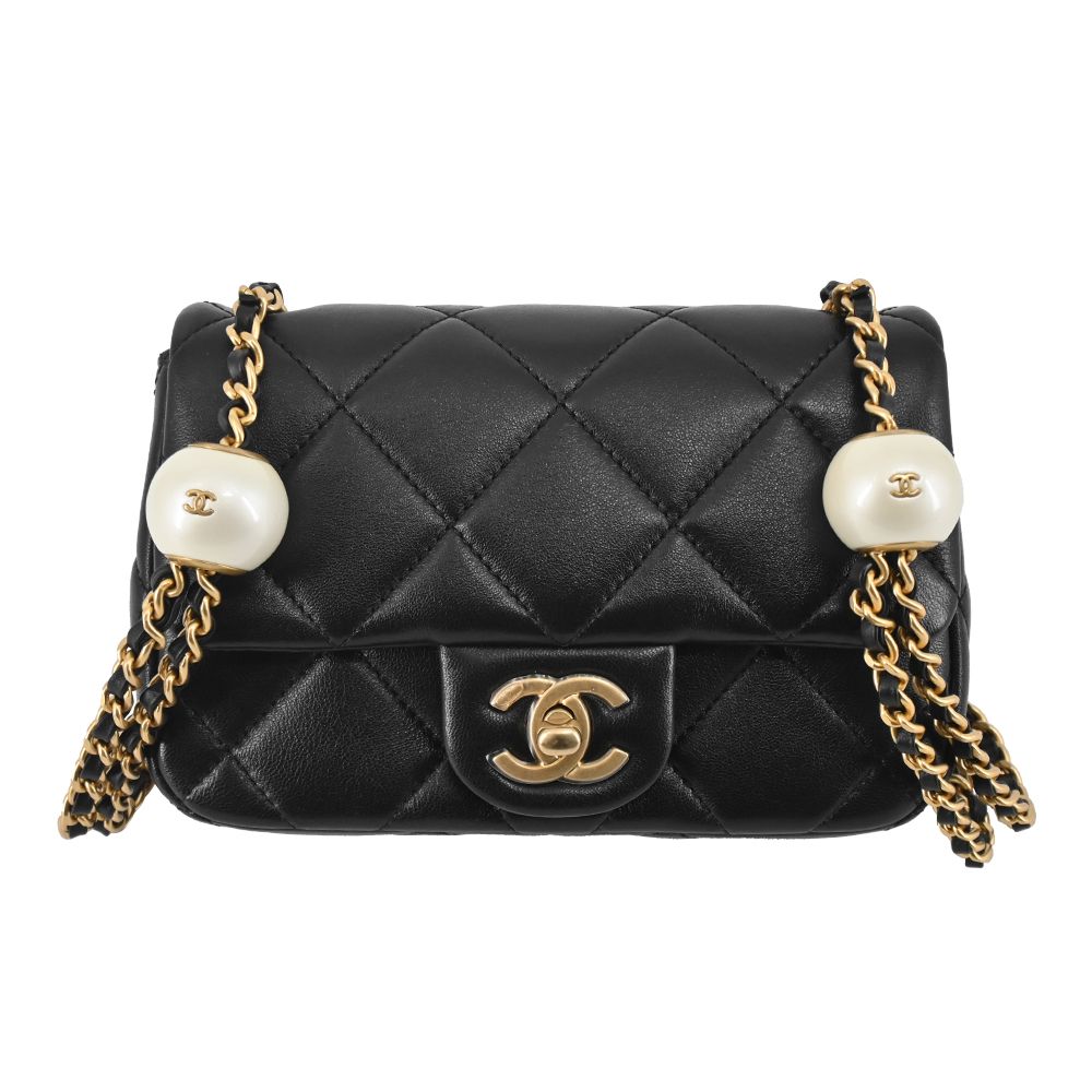 CHANEL MINI FLAP 雙C LOGO菱格紋珍珠款雙珠小羊皮肩背/斜背包(黑色)/平行輸入