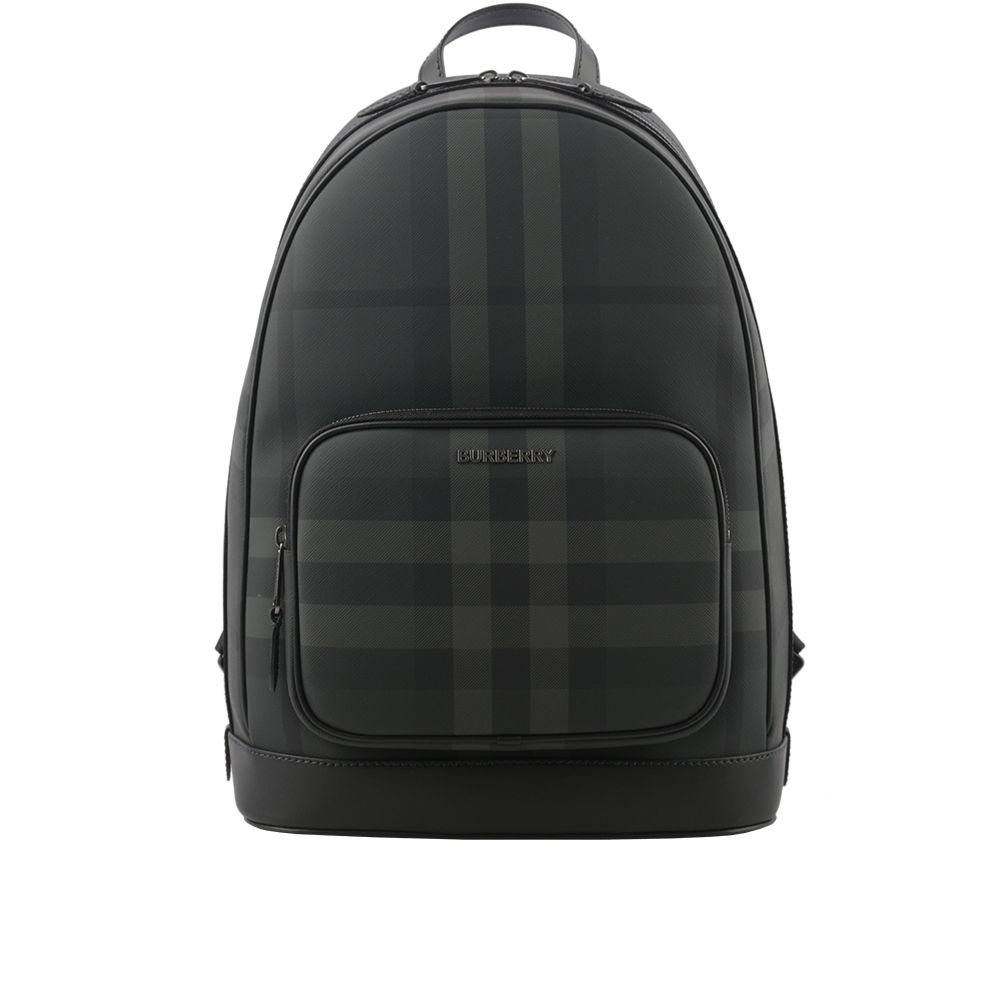 【BURBERRY】Rocco 格紋帆布及牛皮拉鍊口袋後背包(炭灰色)/ 平行輸入