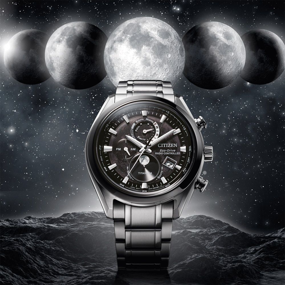 CITIZEN 星辰 月相 超級鈦 光動能電波萬年曆手錶 BY1018-80E