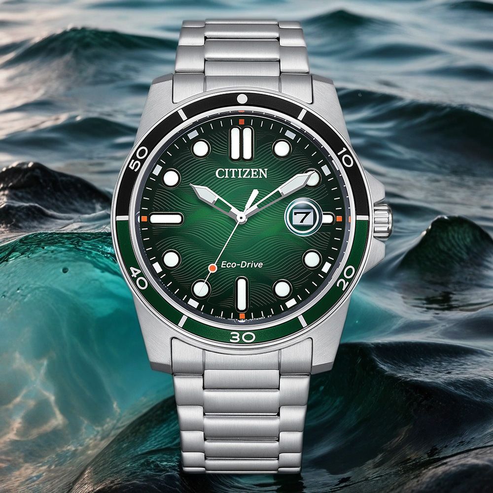 CITIZEN 星辰 光動能水波紋手錶-綠面 AW1811-82X