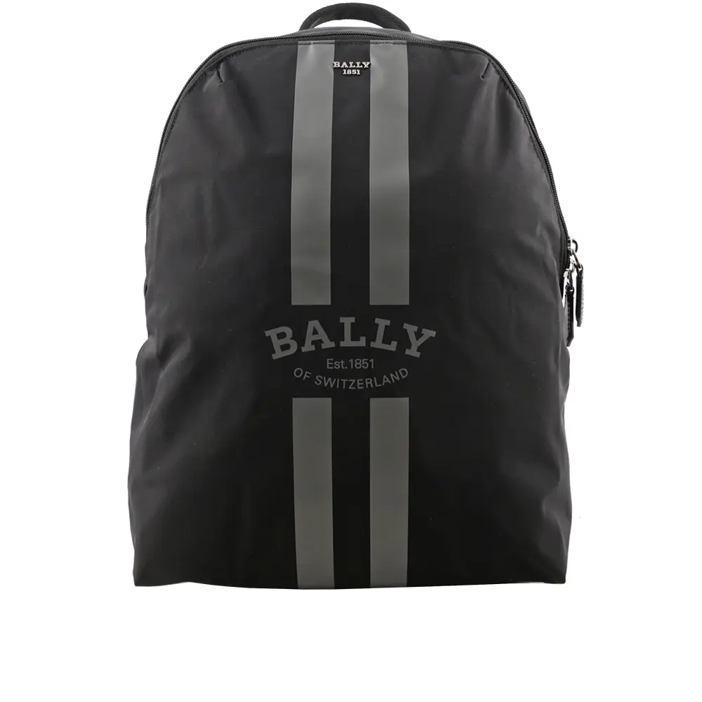【BALLY】On The Go Round 條紋尼龍後背包(黑色)(贈收納袋)/ 平行輸入
