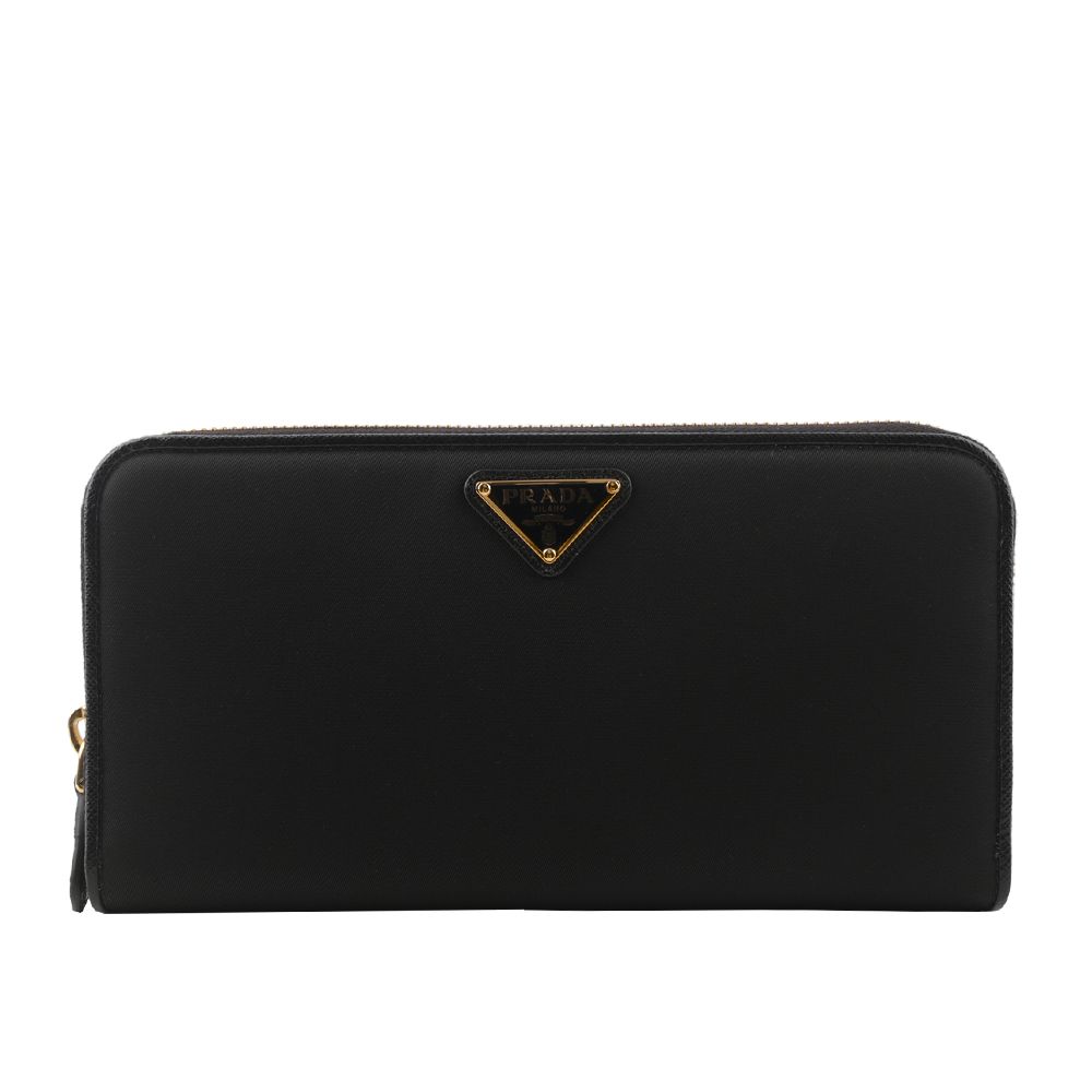 【PRADA】金色三角牌Logo 尼龍ㄇ型拉鏈長夾(黑色)/ 平行輸入