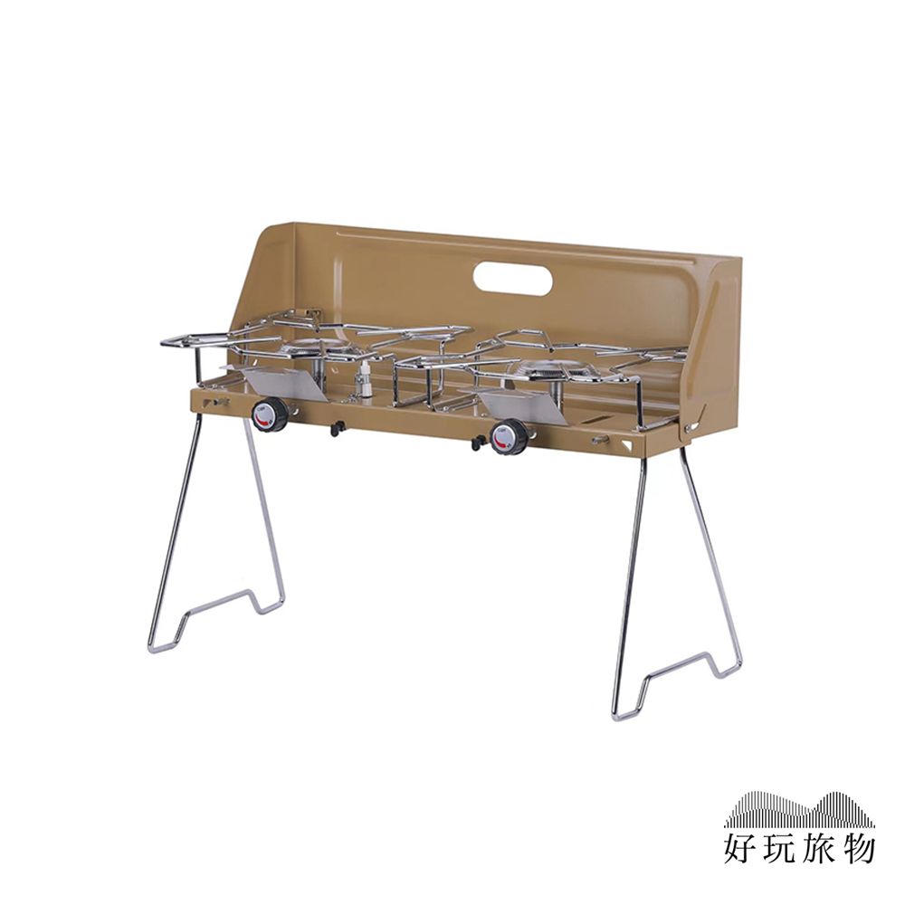 【好玩旅物】戶外露營強力雙頭卡式爐/ 卡其色