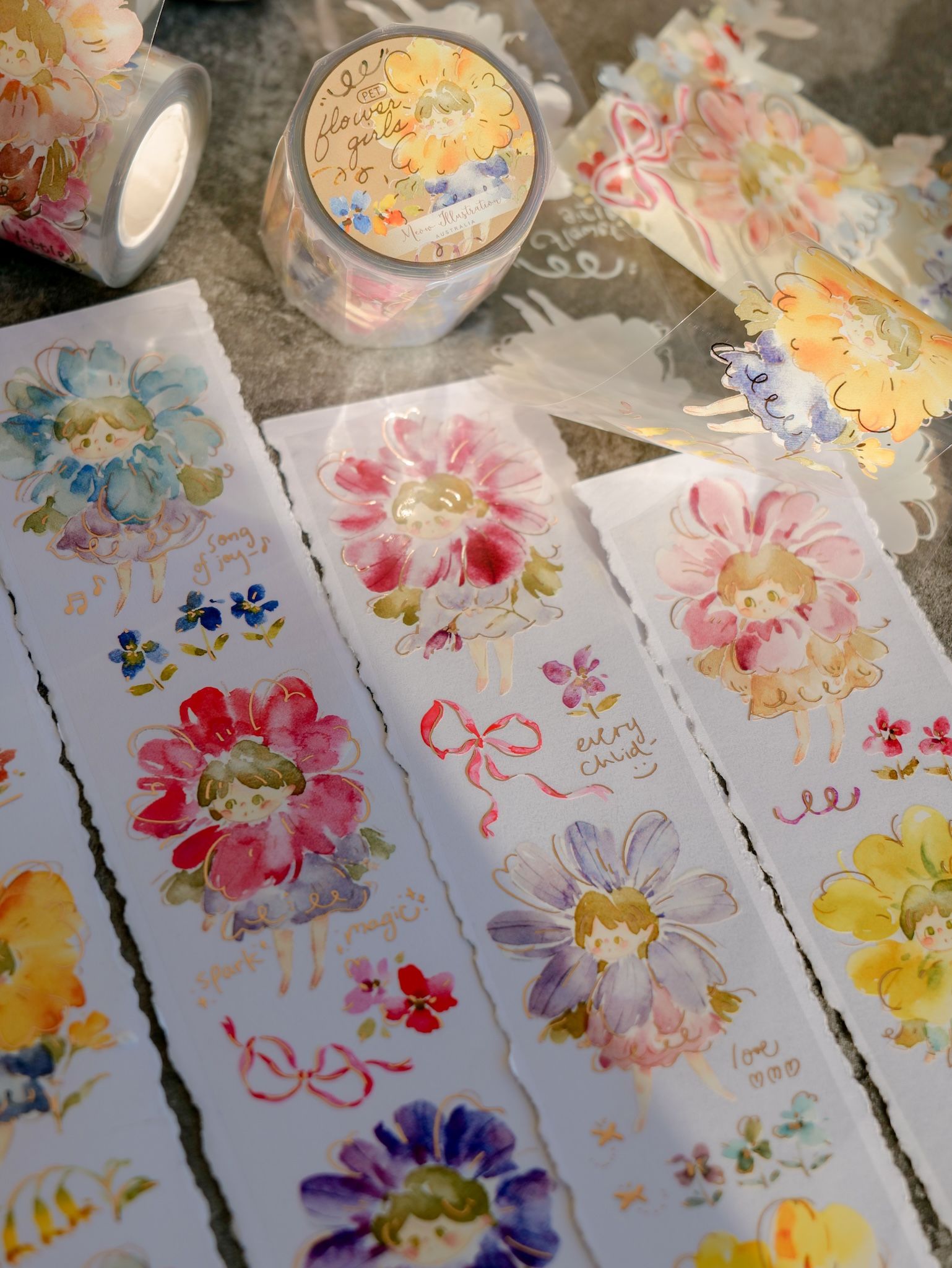 Meow Illustration和紙膠帶/ 亮面玫瑰金PET/ 花的孩子