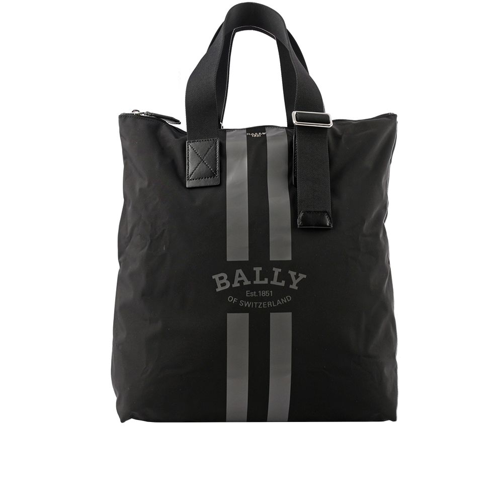 【BALLY】On The Go 條紋尼龍手提/肩背托特包(黑色)(贈收納袋)/ 平行輸入