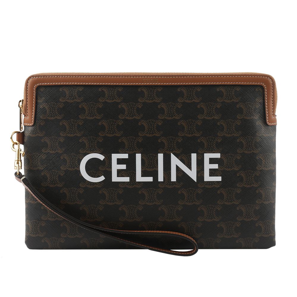 【CELINE】滿版凱旋標誌塗層帆布拉鍊手拿包(棕褐色)/平行輸入