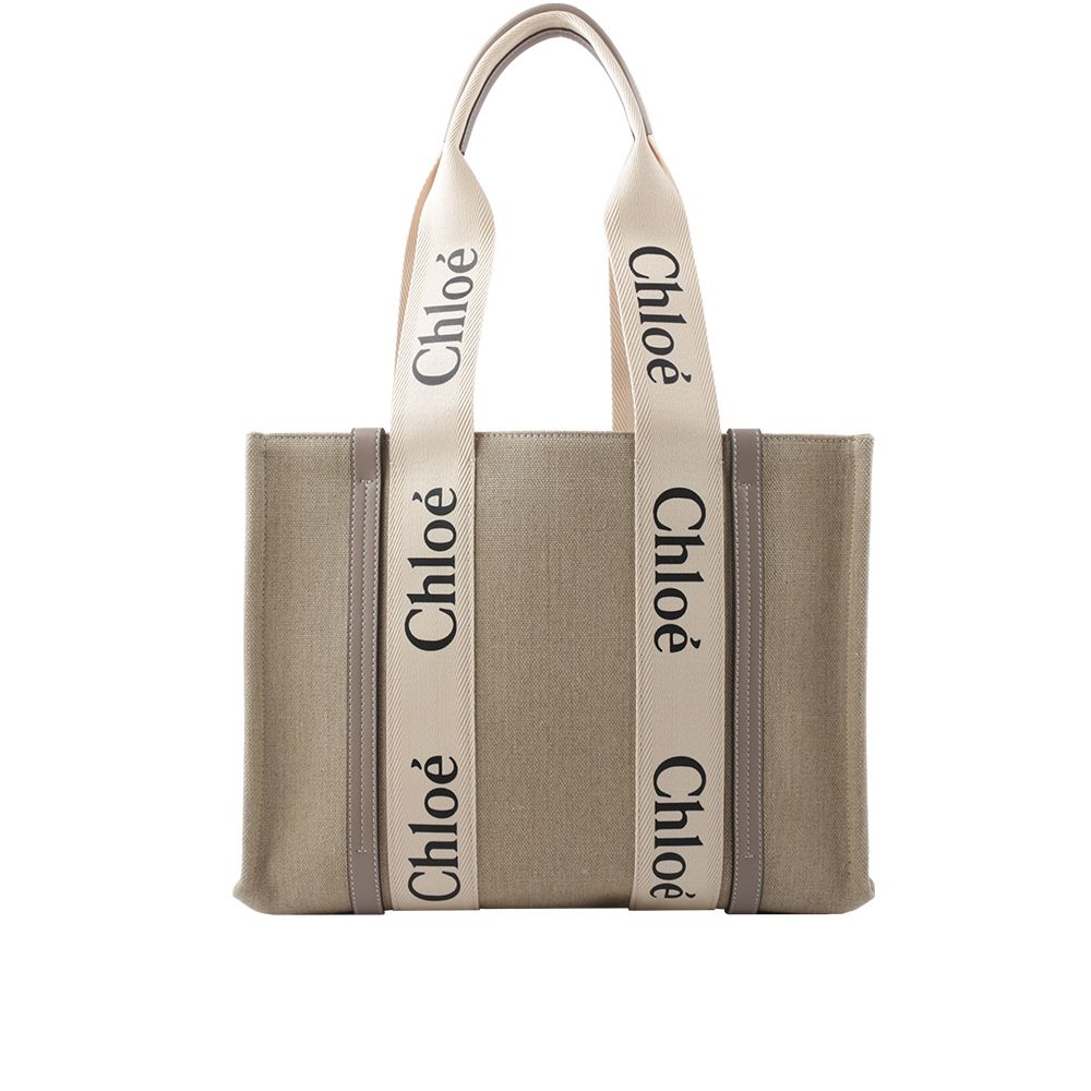 【CHLOE'】Woody 亞麻帆布拼牛皮托特包(中款)(麝香灰)/平行輸入